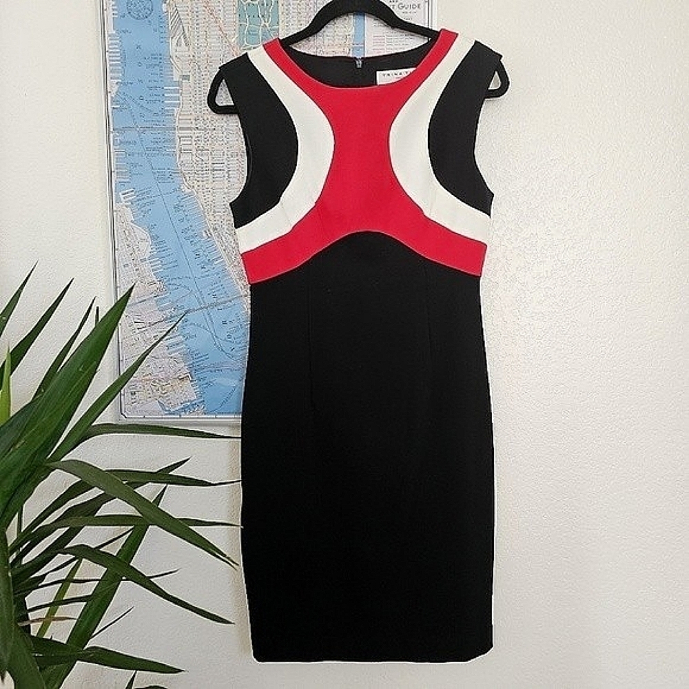 Trina Turk Colorblock White Red Black Sleeveless Rayon Knee-Length Dress